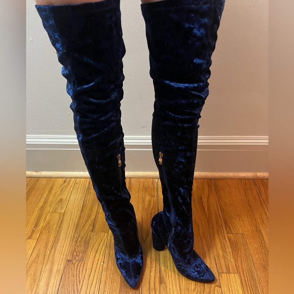 Blue suede over the knee zip up boots